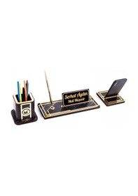 Resim Space Mali Müşavire Özel Kalemlikli Ahşap Masa Seti Mermer Desenli Hediye Ofis Dekoratif Masa Üstü İsimlik 