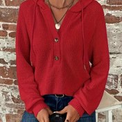 Resim SCACTO Kadınlar için Rahat Uzun Kollu Waffle Kapüşonlu Ceket - Düğme Detayları ile Bağcıklı Kapüşonlu Kazak, Düz Renk, Sonbahar/Kış Koleksiyonu, Rahat Örgü Giyim|Sıradan Tarz Kapüşonlu Ceket|Dokulu 