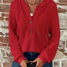 Resim SCACTO Kadınlar için Rahat Uzun Kollu Waffle Kapüşonlu Ceket - Düğme Detayları ile Bağcıklı Kapüşonlu Kazak, Düz Renk, Sonbahar/Kış Koleksiyonu, Rahat Örgü Giyim|Sıradan Tarz Kapüşonlu Ceket|Dokulu 