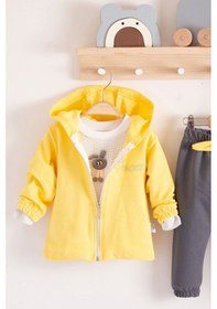 Resim Prences Nakışlı Kapişonlu 3'lü % 100 Pamuk Kız Bebek Takımı Sarı 