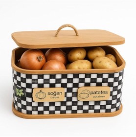 Resim Dekorasyaa 2 Bölmeli Patates Soğanlık - Bambu - Dikdörtgen Dama Desen Beyaz - Siyah 