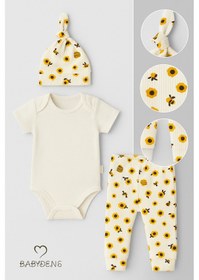 Resim Babyden's Arı Desenli Bebek Takımı Pamuklu Kısa Kol Body Pantolon Ve Şapka Seti Yenidoğan Kız Erkek Bebek Alt Üst Takım Ekru 