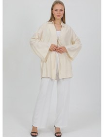 Resim Doğal Viskon Kumaş Cepli Bağcıklı Kadın Kimono 1167 Hafif, Dökümlü, Akışkan, Yazlık Model Krem 