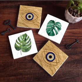 Resim Nazar, Yaprak Taş Bardak Altlığı Seti - 4 Parça - Dekoratif, Rustik Mutfak Aksesuarı, 10x10 cm, Kaydırmaz Tabanlı, Şık ve Dayanıklı SC425 