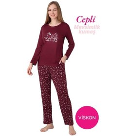Resim Guava Kadın Bisiklet Yaka Düğmesiz Dökümlü Viskon Mevsimlik Uzun Kol Cepli Pijama Takımı Bordo 