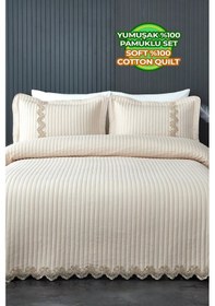 Resim Evlen Home Mihrimah Dantelli Lüks Yatak Örtüsü Seti Çift Kişilik %100 Pamuklu Şık Zarif Yumuşak Dokulu Pike Bej 