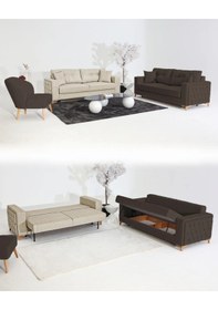 Resim Nola Koltuk Takımı 3+3+1 & Bazalı Yataklı Koltuk & Kanepe - Keten Açık Krem-koyu Kahverengi 