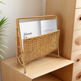 Resim 1 adet Boho El Yapımı Hasır Tarzı Dergi Tutucu - Ofis, Oturma Odası, Yatak Odası için Saplı Sağlam Dokuma Plastik Depolama Sepeti - Ev Organizasyonu Temel, Kitaplar ve Dekorasyon için Mükemmel 