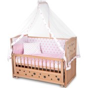 Resim Ahşap Beşik Anne Yanı Beşik Organik Boyasız 60x120 - Pembe Yıldız Tek Yastıklı Uyku Seti Yatak Ahşap 