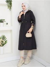 Resim RACE FASHİON Leopar Desenli Bondit Kumaş Beli Lastikli Kapüşonlu Tesettür Trençkot RC1205010 