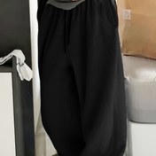 Resim Kadınlar için Rahat Bol Kesim Bağcıklı Bel Pantolonu - Düz Siyah, Cep Detaylı Elastik Bel, Rahat Tüm Mevsimler İçin Rahat Kıyafet, Rahat Giyim | Rahat Fit Pantolon | Pürüzsüz Dokulu 