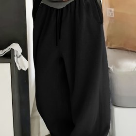 Resim Kadınlar için Rahat Bol Kesim Bağcıklı Bel Pantolonu - Düz Siyah, Cep Detaylı Elastik Bel, Rahat Tüm Mevsimler İçin Rahat Kıyafet, Rahat Giyim | Rahat Fit Pantolon | Pürüzsüz Dokulu 