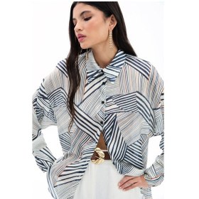 Resim Sateen Çizgi Desenli Salaş Gömlek - Siyah-136035 Siyah 