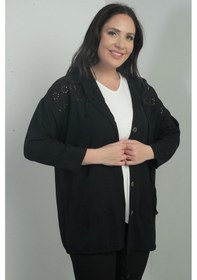 Resim By Saygı Kadın Kapüşonlu Önü Düğmeli Cepli Fistolu Büyük Beden Hırka-40854 Siyah 