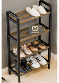 Resim Three 4 Katlı Ahşap Ayakkabılık 50 Cm Ahşap Çubuklu 4 Bölmeli Eko Raf Ünitesi Düzenleyici Beyaz - Siyah 