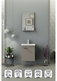 Resim Biani Fix Arya Slım 50 Cm Banyo Dolabı,Seramik Lavabolu, Aynalı,Lavabo Dahil,Mdf,Latte 
