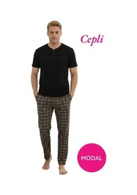 Resim Guava Erkek Modal 3 Düğmeli Ekose Desen Pamuk Likra Kısa Kol Cepli Pijama Takımı Turuncu 
