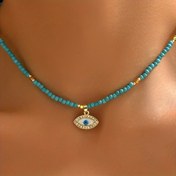 Resim 1 adet Vintage Minimalist Nazar Boncuğu Kolye, Taşlı ve Turkuaz Boncuklu - Altın Ton Zincirli Günlük Giyim için, Kadınlar İçin Hediye, Mevsimsel Takı Parçası, Altın Tonlu Boncuklar 