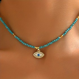Resim 1 adet Vintage Minimalist Nazar Boncuğu Kolye, Taşlı ve Turkuaz Boncuklu - Altın Ton Zincirli Günlük Giyim için, Kadınlar İçin Hediye, Mevsimsel Takı Parçası, Altın Tonlu Boncuklar 