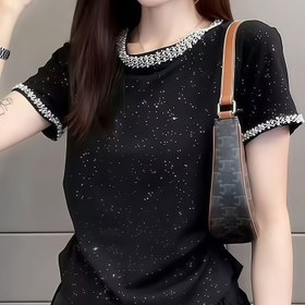 Resim Kadınlar İçin Yıldız Desenli Payet Detaylı Slim Fit Kısa Kollu Tişört - Nefes Alabilen Esnek Yazlık Üst, Yuvarlak Yaka Şık Siyah Gömlek, Günlük Giyim için Rahat ve Moda, Saydam Olmayan Kumaş, Trendy ve Konforlu, Yetişkinler için Çok Amaçlı T-Shirt 