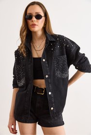 Resim Olalook Kadın Siyah Boncuk ve Taş Detaylı Oversize Denim Ceket CKT-19000433 