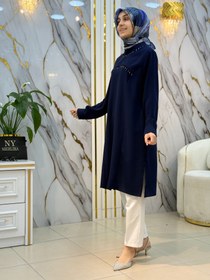 Resim MODA İLDEM YAKA VE ÖN TAŞ İŞLEME DETAYLI TUNİK 2213 - Lacivert / 50 