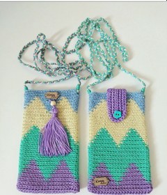 Resim Kemzey Handmade Wayuu Telefon Çantası, El Yapımı Örgü Telefon Çantası Mint Yeşili - Lila 
