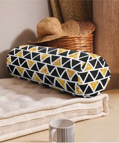 Resim Realhomes Siyah Zeminde Gold Detaylı Geometrik Desenli Modern Iç Dolgulu Fermuarlı Süet Berjer Silindir Yastık 