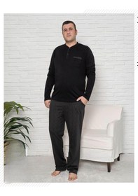 Resim Pijamoni Erkek Battal Düğme Yaka Penye Uzun Kol Pijama Takımı 6720/17 - 1 Adet Siyah 