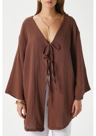 Resim Ritnice Kadın Sandra %100 Pamuk Müslin Bağcıklı Kahvrengi Kimono 