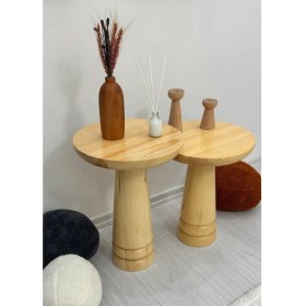 Resim Aselya Home Doğal Ahşap 2'li Set Mantar Yan Sehpa Modern Fiskos Zigon Çiçeklik 