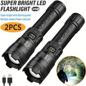 Resim 2 Adet Süper Parlak El Feneri, USB Şarj Edilebilir, Uzaktan Yakınlaştırma, Geniş Işın, Balıkçılık, Keşif ve İş Aydınlatması için Taşınabilir Acil Durum Aydınlatma Feneri 