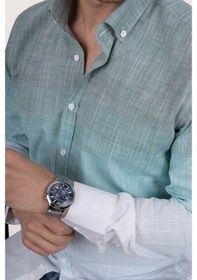 Resim Panolu Yeşil Beyaz Geçişli Slimfit Keten Erkek Gömlek Yeşil 