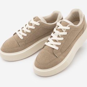 Resim Marjin Kadın Sneaker Bağcıklı Kalın Taban Spor Ayakkabı Domen Bej Süet 