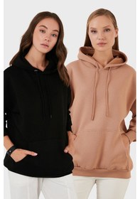 Resim Lela Regular Fit Pamuklu Kapüşonlu Yaka Şardonlu Kışlık 2'Li Paket Bayan Sweat 5863854S2 Siyah-Bisküvi 