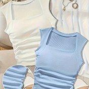 Resim 2 adet Kadın Düz Renk Kare Yaka Ruched Tank Üstleri, Y2K Tarzı Esnek Kumaş, Tüm Mevsimler İçin Moda Kolsuz Gömlekler, Kolsuz T Şalları 