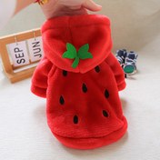 Resim Strawberry Pet Hoodie, Küçük Köpekler ve Kediler İçin Kısa Flanel Kazak, Yumuşak Rahat Kırmızı Polyester Örgü Kumaş, Yaprak Detayı ile Sevimli Hayvan Kostümü 