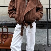 Resim Kadın Şık Günlük Uzun Kollu Fermuarlı Ceket - Kahverengi, Bol Kesim, H-Hırka Silüeti, Fermuarlı Cepler, Esnemeyen Kumaş, İlkbahar/Sonbahar İş Gidiş Gelişi ve Hafta Sonu için Mükemmel 