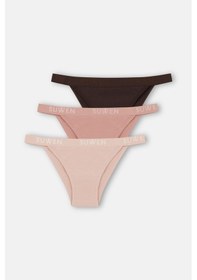 Resim Suwen 3lü Pamuklu Lastikli Normal Bel Slip Külot St00456011343 Kahverengi - Ten - Pembe 