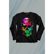 Resim Kendim Seçtim Rengarenk Kafatası Skull Head Gökkuşağı Renkleri Uzun Kollu Tişört Baskılı Çocuk T-Shirt 