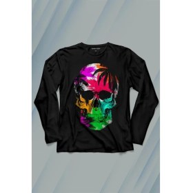 Resim Kendim Seçtim Rengarenk Kafatası Skull Head Gökkuşağı Renkleri Uzun Kollu Tişört Baskılı Çocuk T-Shirt 