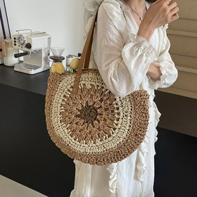 Resim Renkli çekirdekli, etnik tarzda pamuk çanta, plaj tatili için, ins tarzında yama dokuma çanta. 