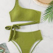 Resim Dokulu Kumaş Düz Yeşil 2 Parça Bikini Takımı, Asimetrik Tek Omuz Düğüm Yan Esnek Mayo, Kadın Mayo ve Giyim 