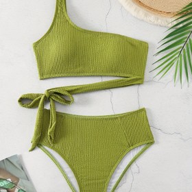Resim Dokulu Kumaş Düz Yeşil 2 Parça Bikini Takımı, Asimetrik Tek Omuz Düğüm Yan Esnek Mayo, Kadın Mayo ve Giyim 