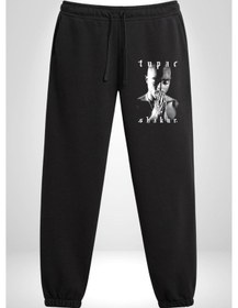 Resim Tupac Shakur Şarkıcı 3 İplik Erkek Baskılı Siyah Eşofman Altı Siyah 