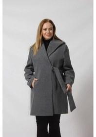 Resim Moda Berray Kuşaklı Yandan Bağlama Detaylı Kapüşonlu Kaşe Kaban Gri 