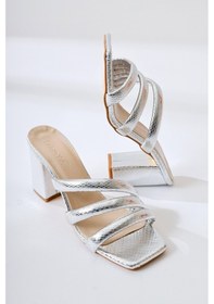 Resim Sasima Gümüş Yılan Desenli Bantlı Topuklu Terlik 001 