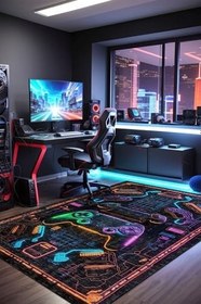 Resim Rever Şönil Oyuncu Odası Halısı Kaymaz Pamuk Tabanlı Yıkanabilir Antibakteriyel Gamer, Gaming Halısı 200x250 