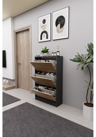 Resim Mirobi Kembe 3 Bölmeli Açılır Modern Dekoratif Ayakkabılık An... Antrasit - Atlantik Çam 