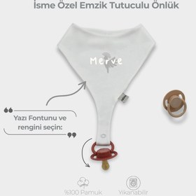 Resim İsme Özel Emzik Tutuculu Önlük %100 Pamuklu Ekru - Standart 22x16 Cm 